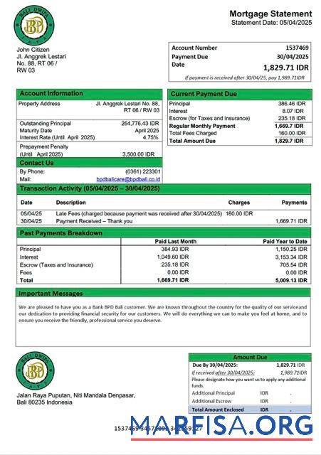 Downloadable Indonesia Bank BPD Bali mortgage statement Word and PDF template